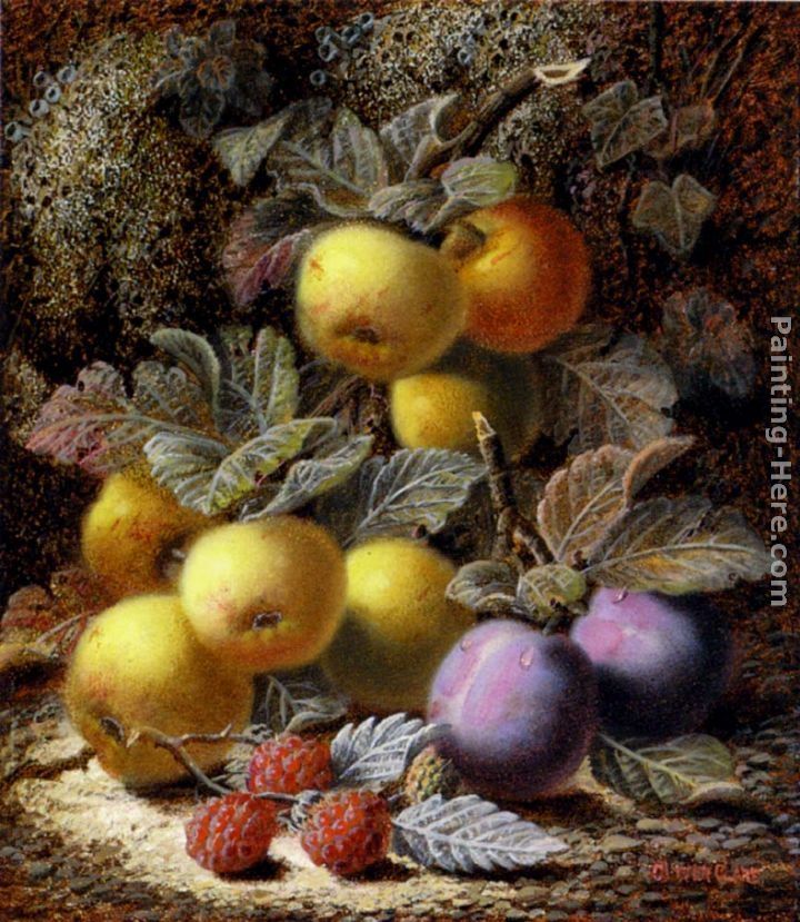 Oliver Clare Still Life with Apples, Plums and Raspberries on a Mossy Bank